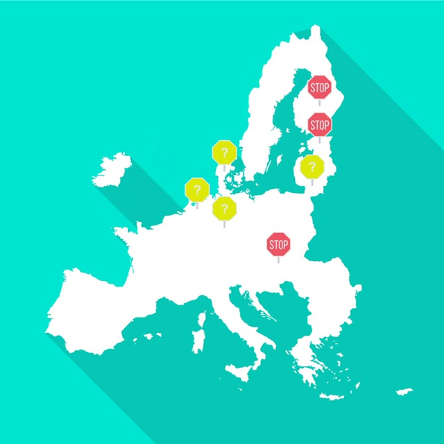 Kuva Euroopan maista, joissa on makuainekielto tai makuainekieltoa harkitaan.