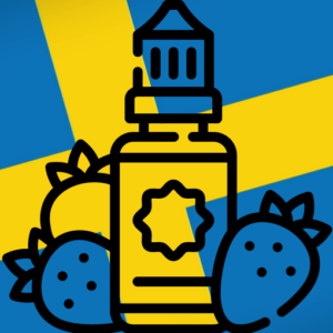 Kuva nikotiininestepullosta, jonka taustalla on Ruotsin lippu